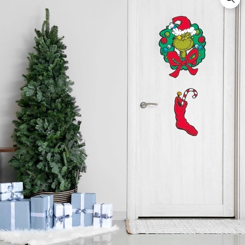 Dr. Seuss The Grinch in Wreath with Stocking Window Cling Vinyl Holiday Decor